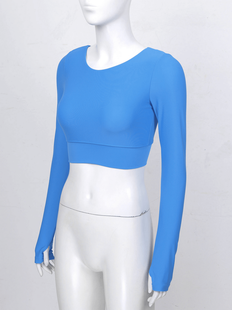 Sports Seamless Long Sleeves Cropped Top in blue with back cross strappy design, ideal for active wear, featuring lightweight nylon-spandex blend.